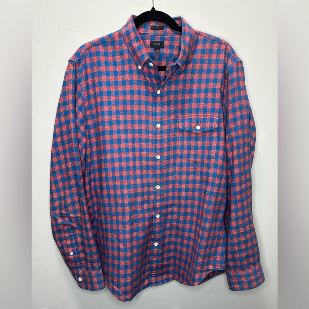 J. Crew Men's Blue/Orange Plaid Slim Fit Button Down Collared Shirt size Large